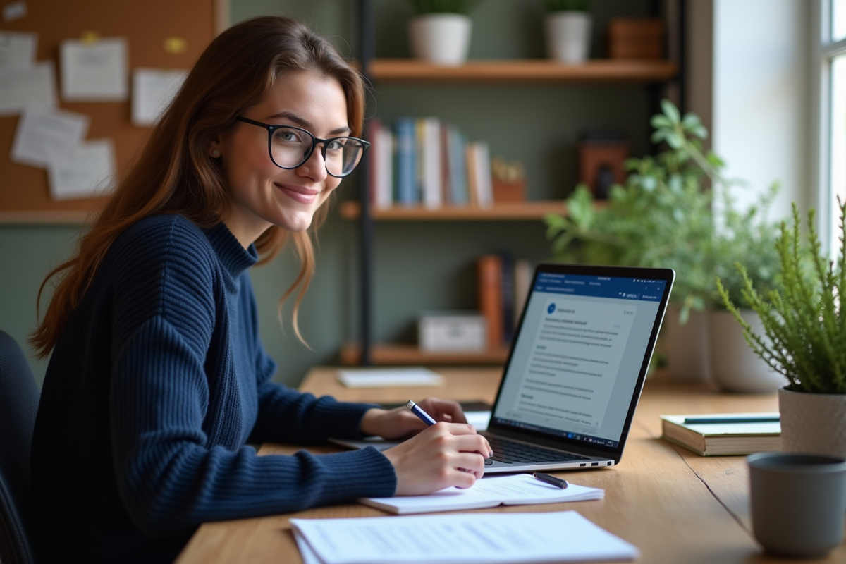 Jeune femme concentrée travaillant sur son ordinateur à domicile