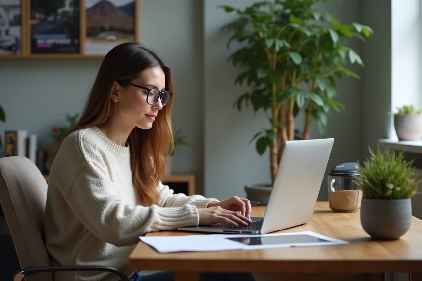 Jeune femme en intérieur téléchargeant des photos sur Zupimage