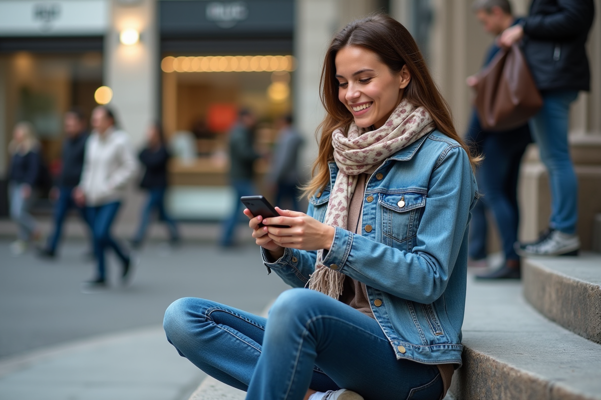 Femme urbaine souriante utilisant son smartphone en extérieur