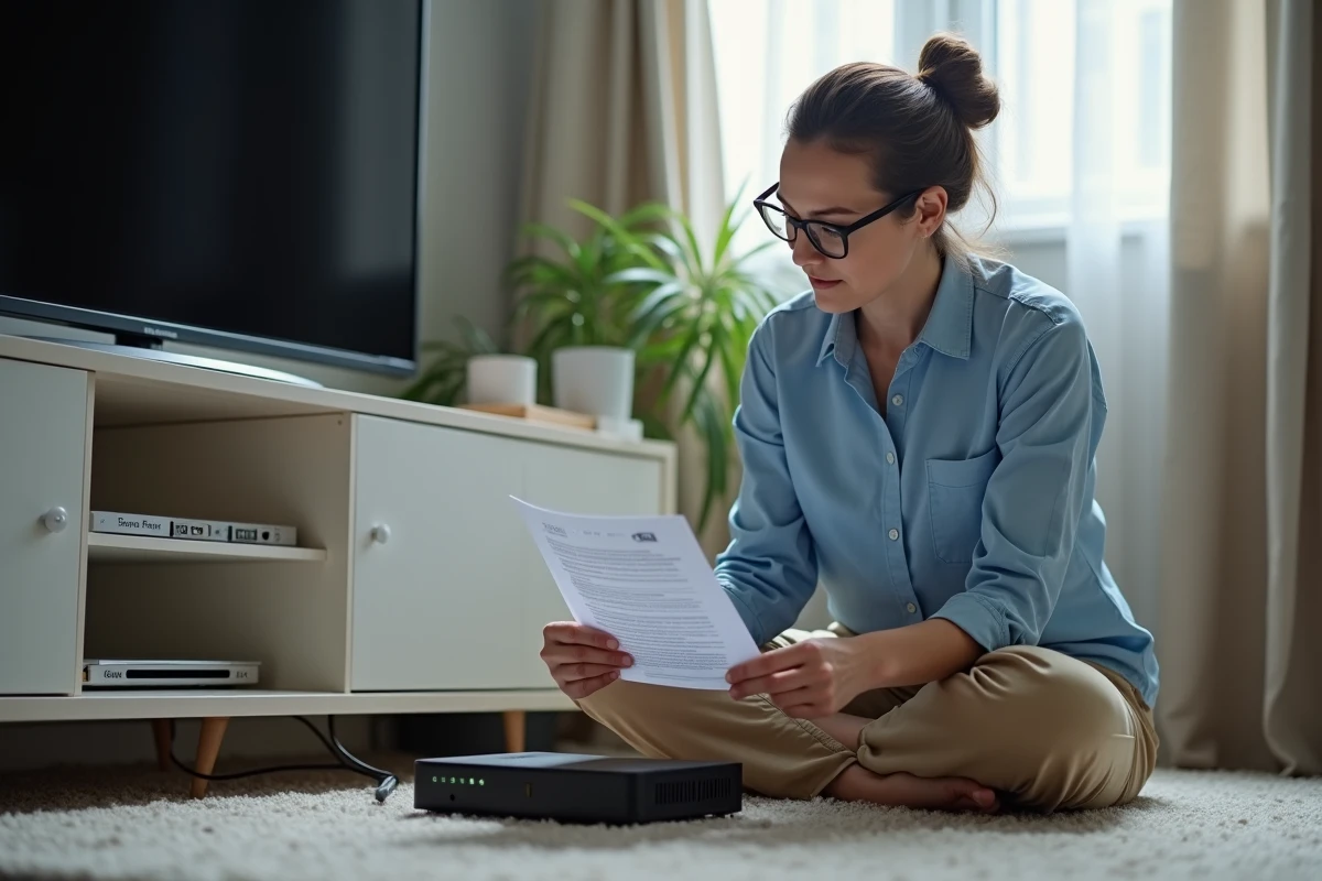 Femme examine la box internet dans son appartement moderne
