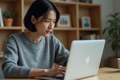 Femme utilisant Safari sur MacBook Pro pour vider le cache et résoudre un bug d'affichage