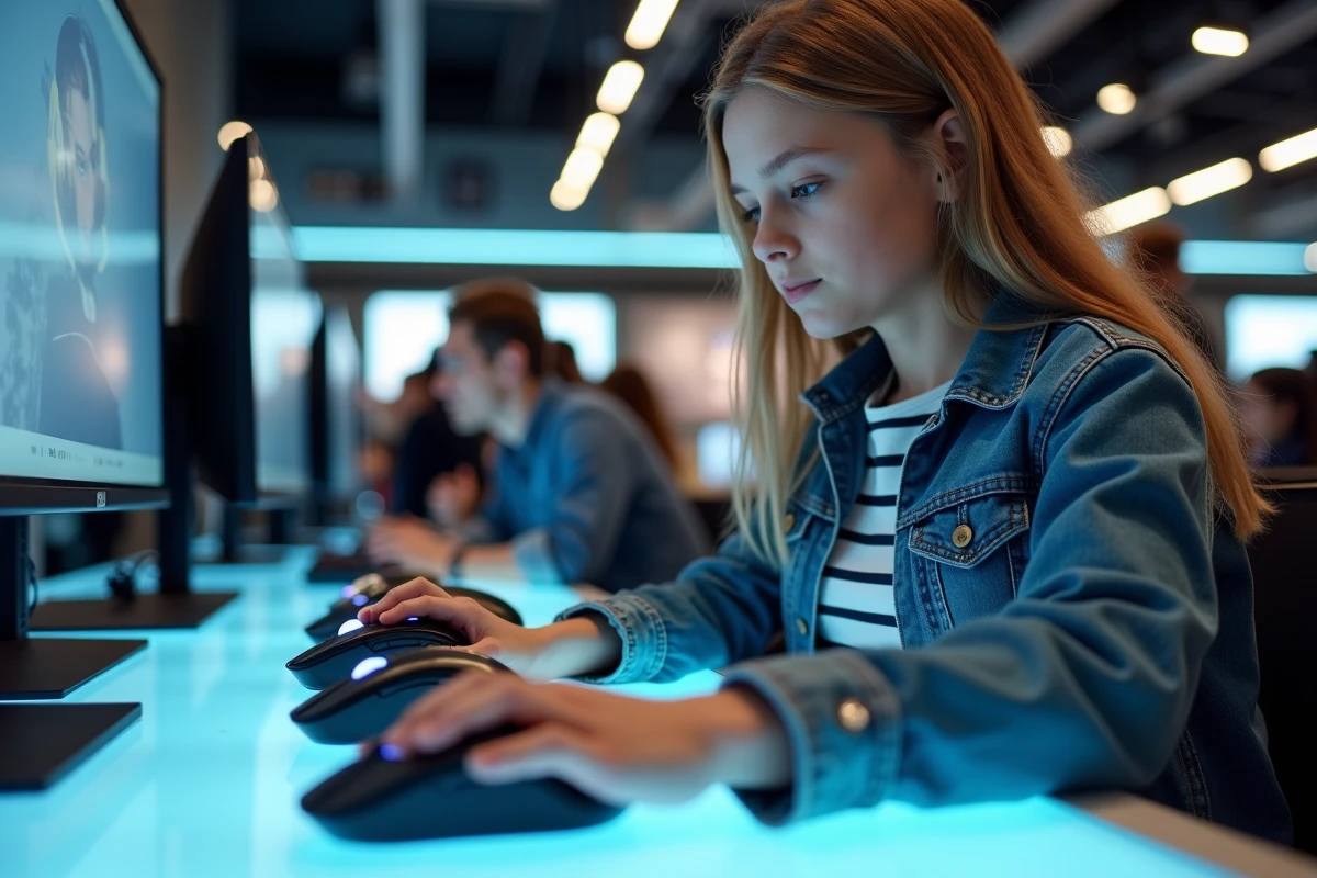 Adolescente teste des souris gaming dans un magasin hightech