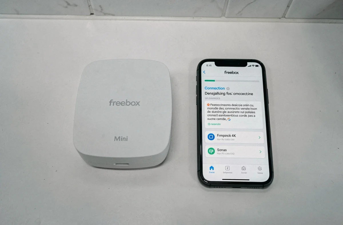 Freebox Mini 4K posée sur un comptoir blanc à côté d'un smartphone affichant une erreur de connexion dans l'application Freebox