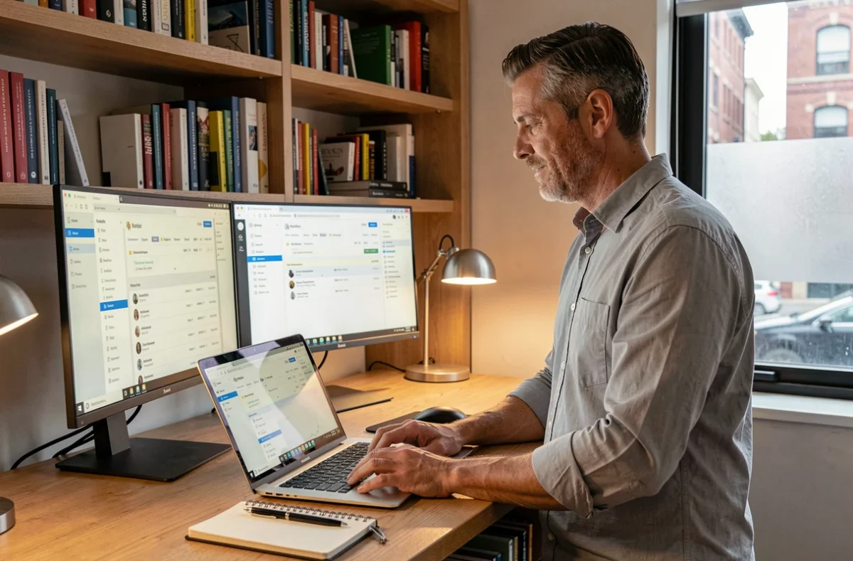 Homme gérant sa boîte mail professionnelle sur deux écrans dans un bureau à domicile moderne