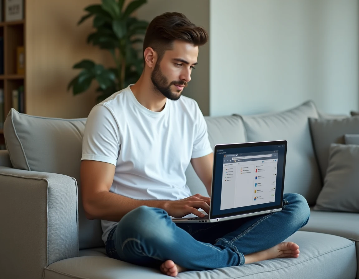 Jeune homme gérant la sauvegarde de ses marques-pages Firefox depuis son canapé à domicile