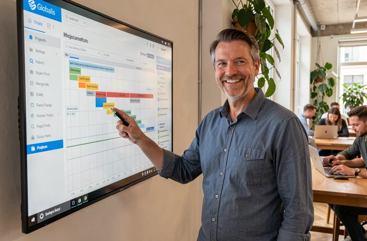 Chef de projet Globalis pointant un tableau de gestion de projet dans un open space parisien lumineux