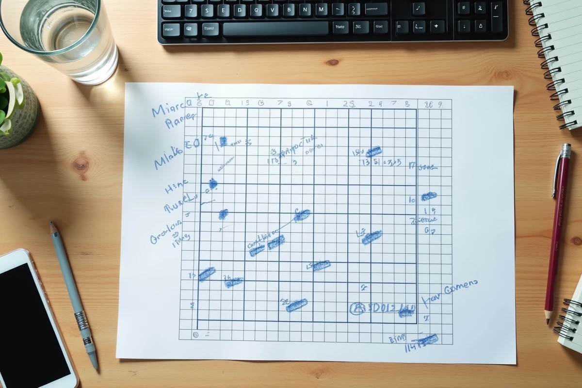 Vue aérienne d'une grille de Démineur annotée à la main sur un bureau en bois