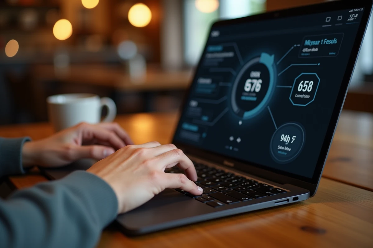 Gros plan sur des mains en train de taper sur un clavier de laptop avec des résultats de test de vitesse visibles à l'écran
