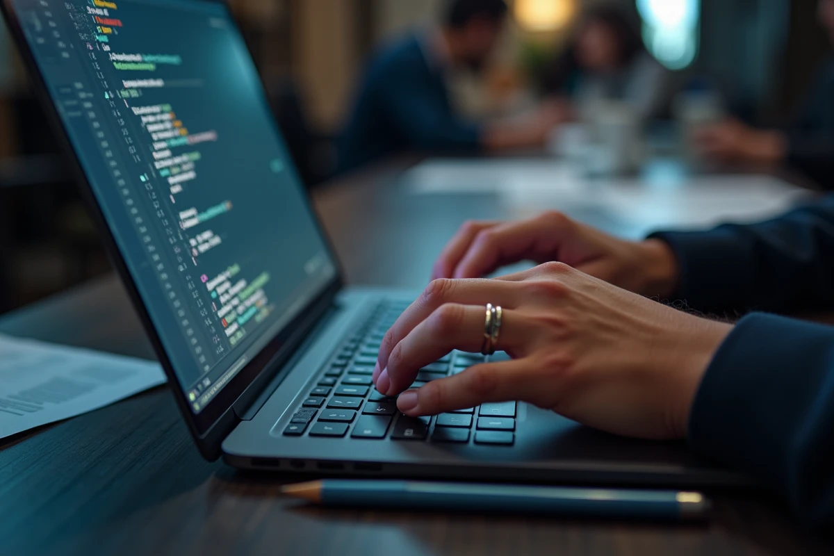 Gros plan de mains sur un clavier PC affichant des symboles spéciaux dans un espace de coworking