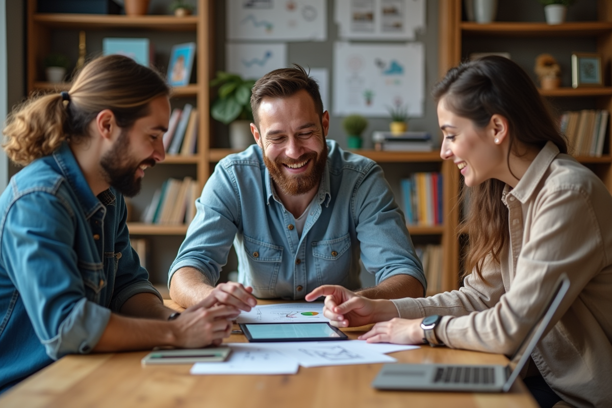 Groupe de developpeurs collaborant autour d une table de coworking