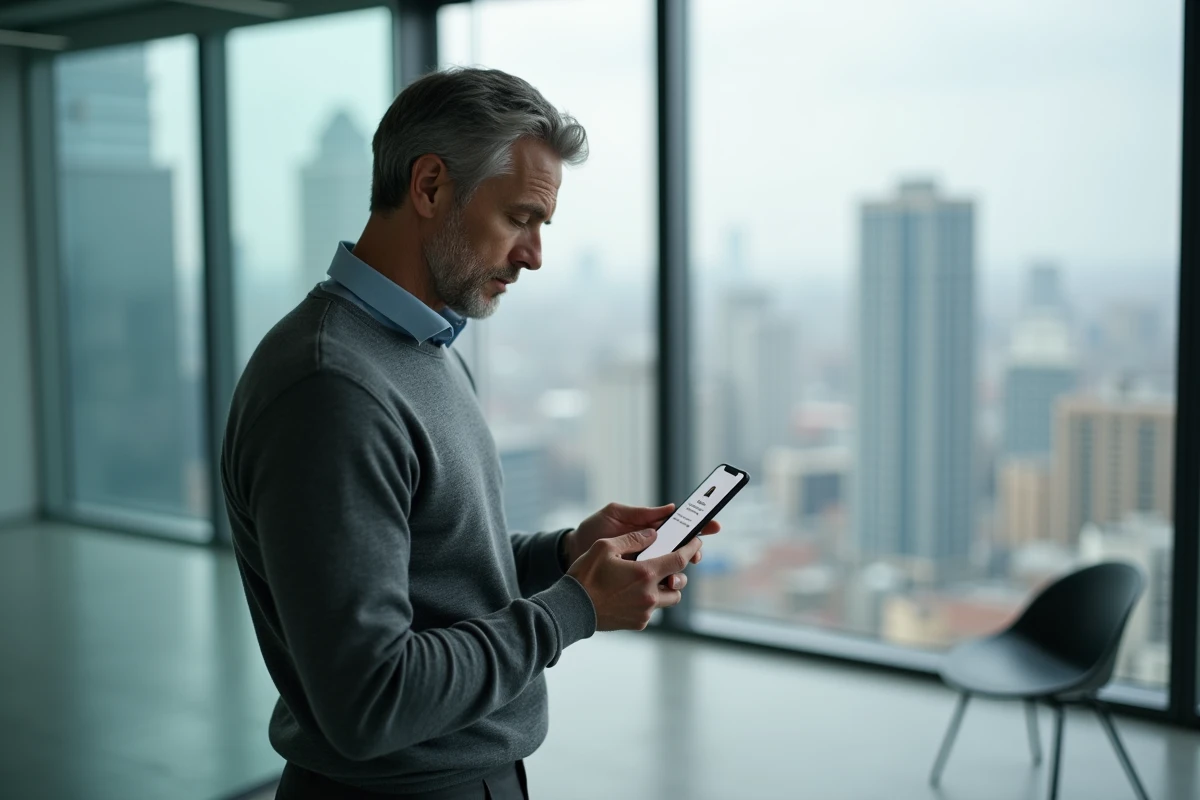 Homme d'affaires vérifiant la sécurité d'un transfert de fichiers via SwissTransfer sur son smartphone dans un bureau moderne