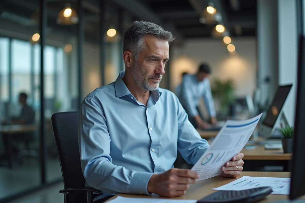 Homme examinant un tableau de données dans un bureau moderne