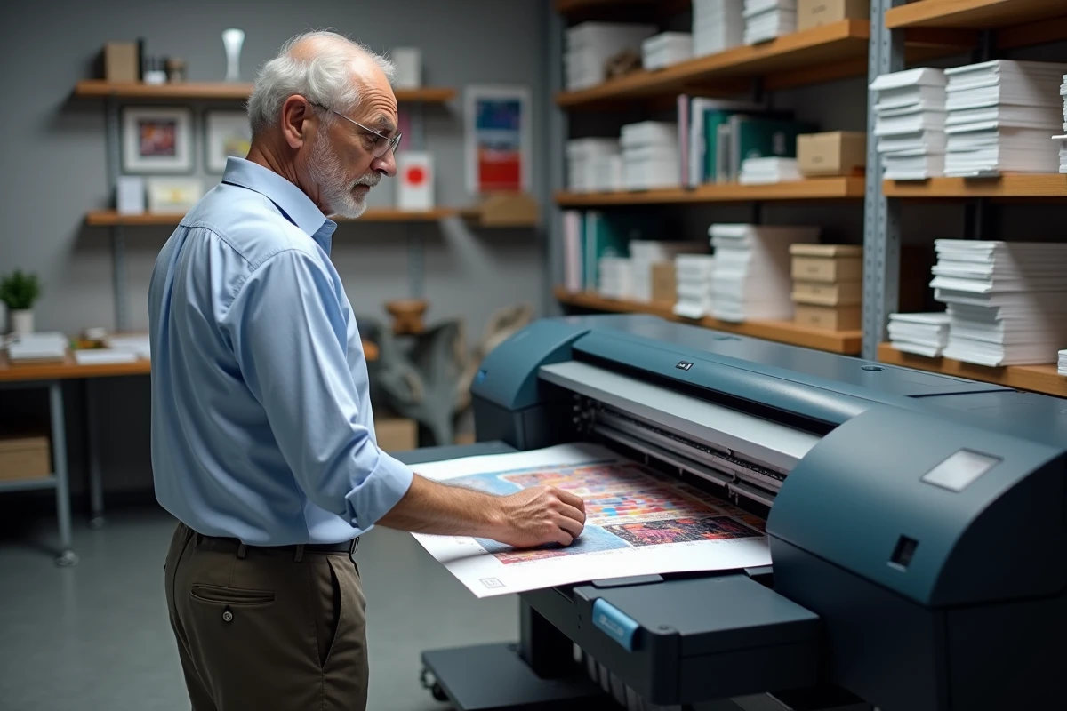 Homme examinant une affiche floue dans un atelier d
