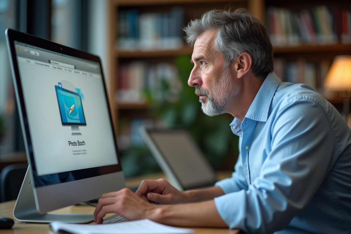 Homme curieux regardant son ordinateur dans une bibliothèque