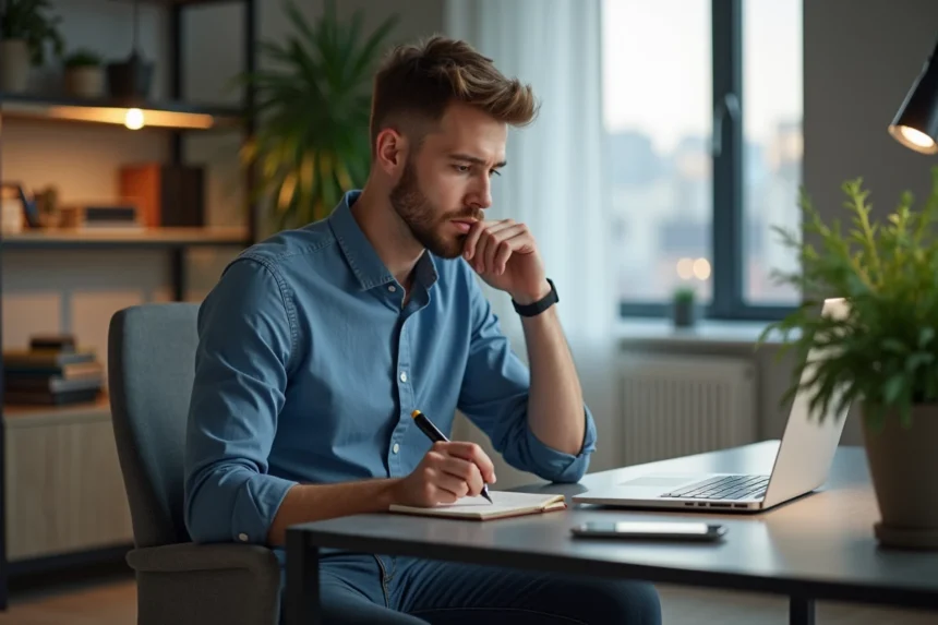 Homme concentré travaillant à son bureau à domicile