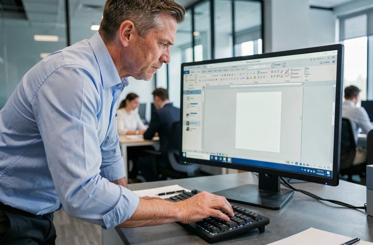 Homme en bureau d'entreprise supprimant une page blanche dans un document Word via le clavier
