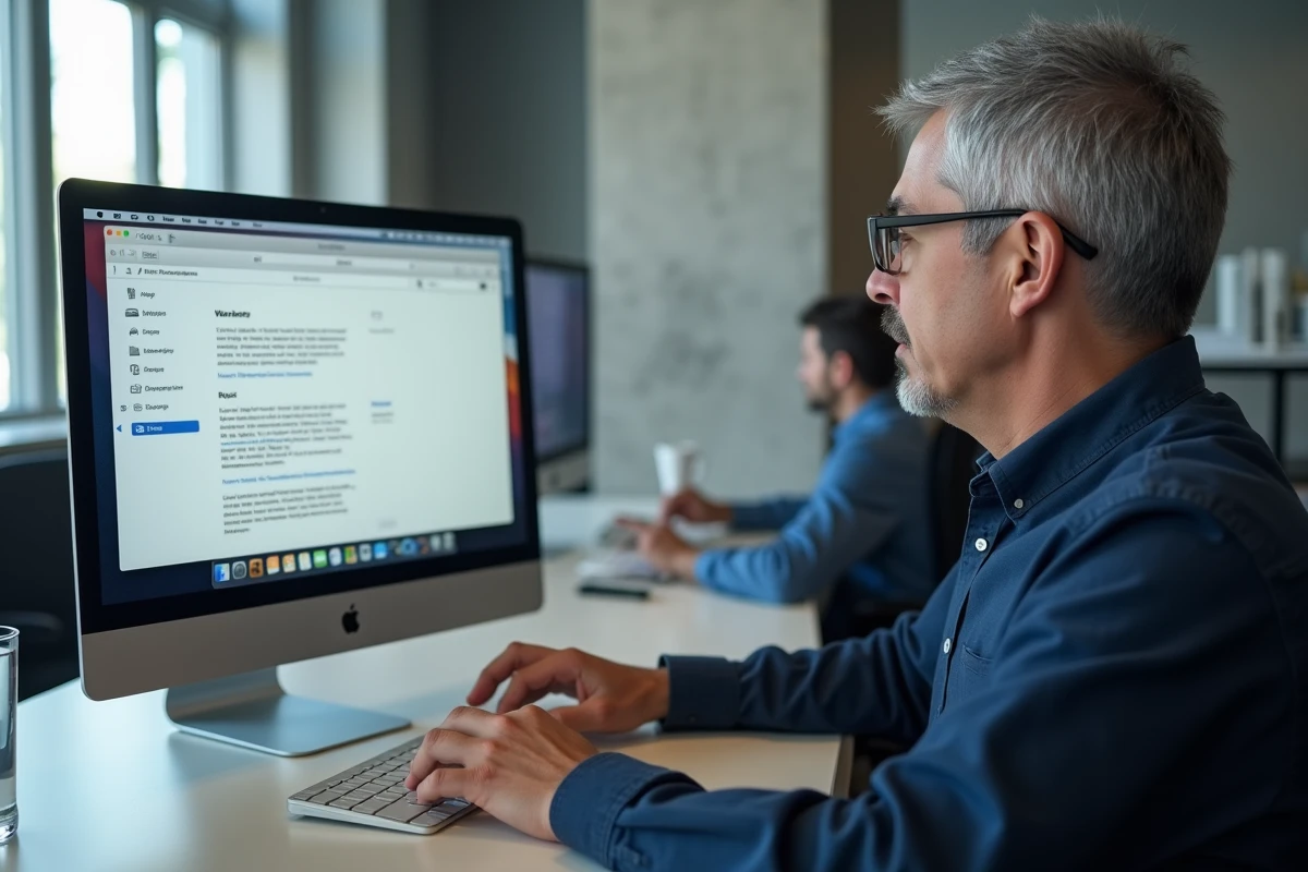 Homme effaçant le cache système sur MacBook Air dans un bureau professionnel moderne