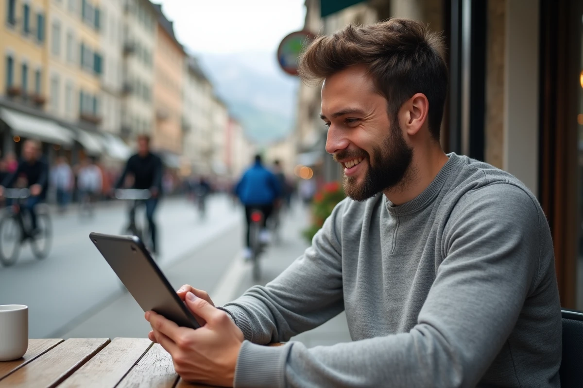 Jeune homme au café à Grenoble utilisant sa tablette pour trier ses emails