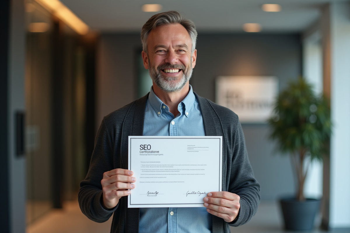 Homme souriant tenant un certificat SEO dans un bureau moderne