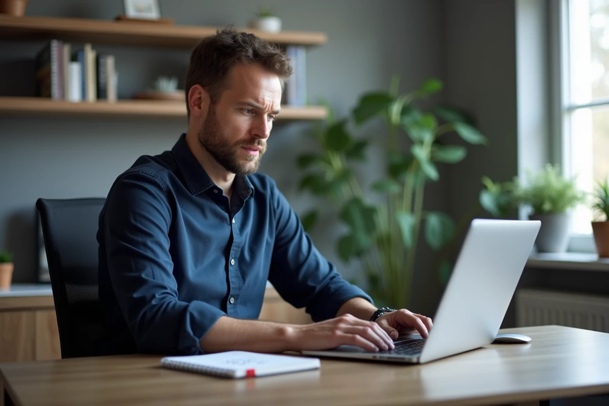 Homme configurant les paramètres de Google Photos sur ordinateur portable dans un bureau à domicile