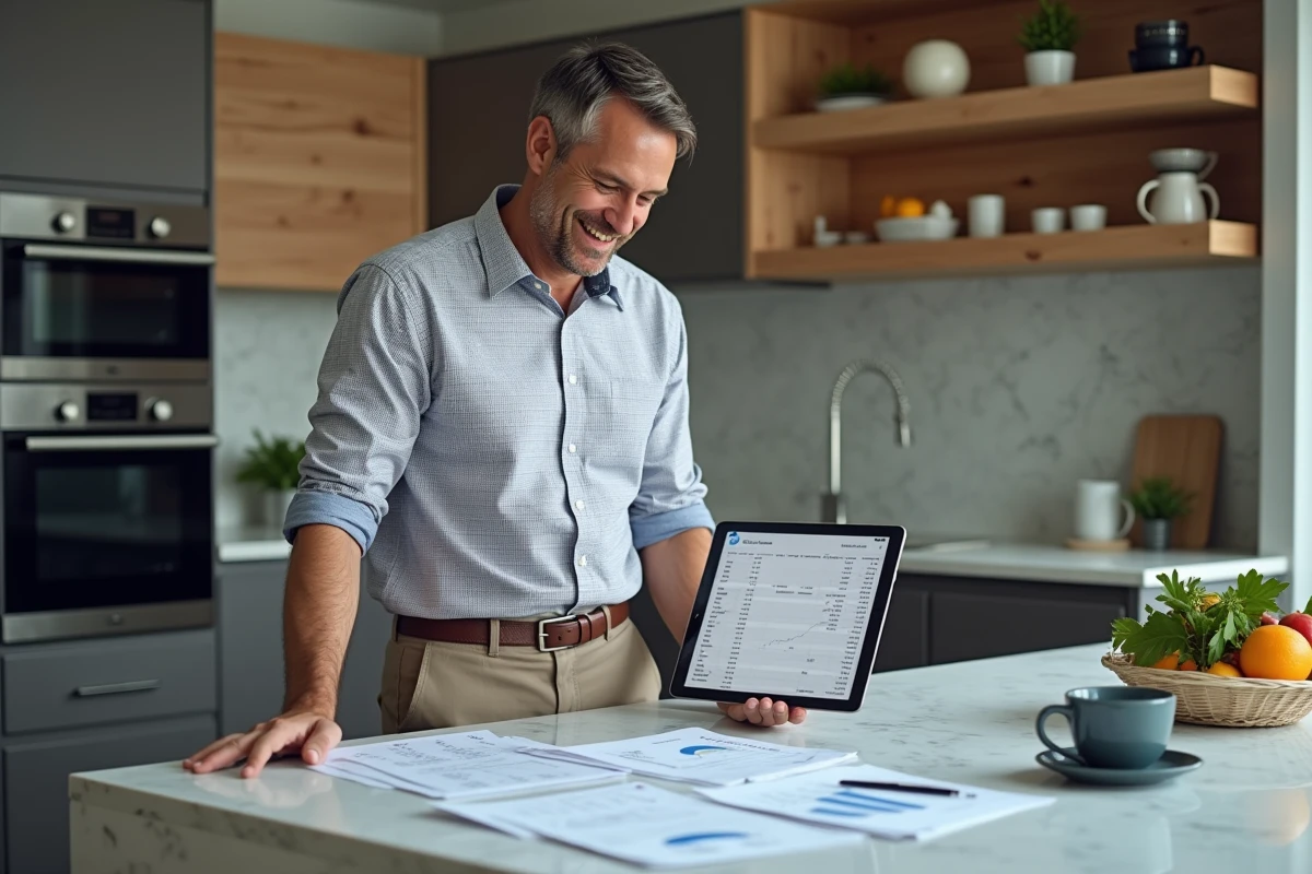 Homme vérifiant des feuilles de budget et une tablette dans la cuisine