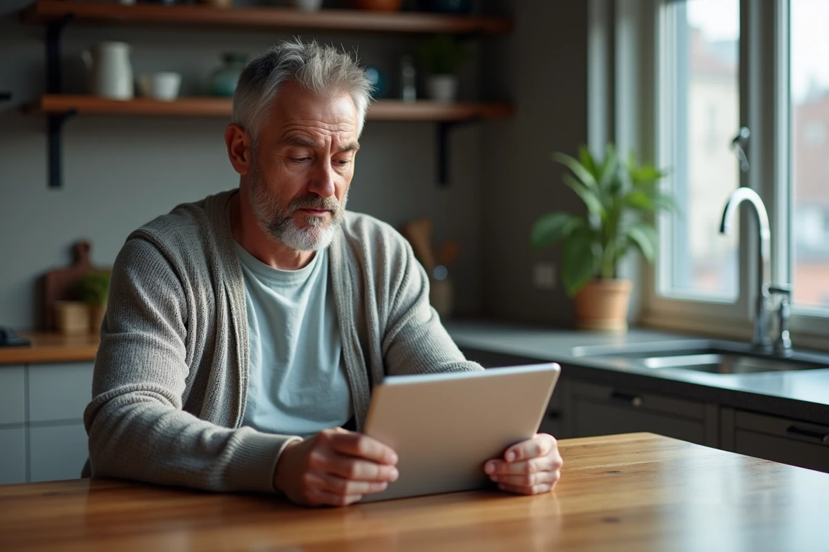 Homme à la maison avec tablette et popup intrusif