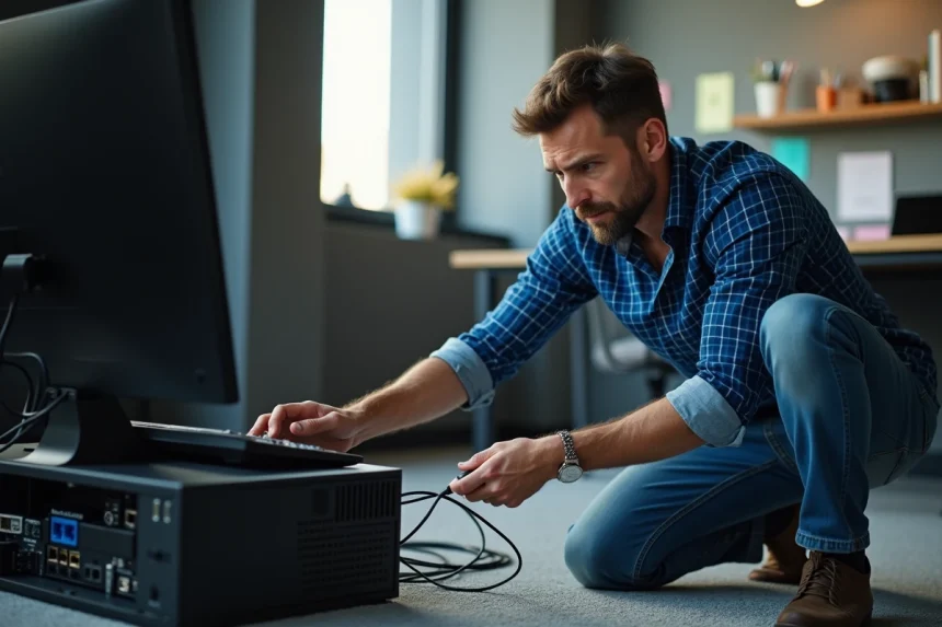 Homme en chemise bleue vérifiant un câble Ethernet au bureau