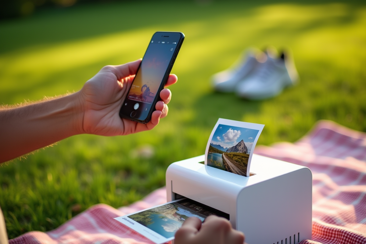 Homme tenant un smartphone imprimant une photo en plein air dans un parc
