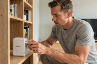 Homme inspectant une Freebox Revolution posée sur une étagère en bois dans un salon moderne