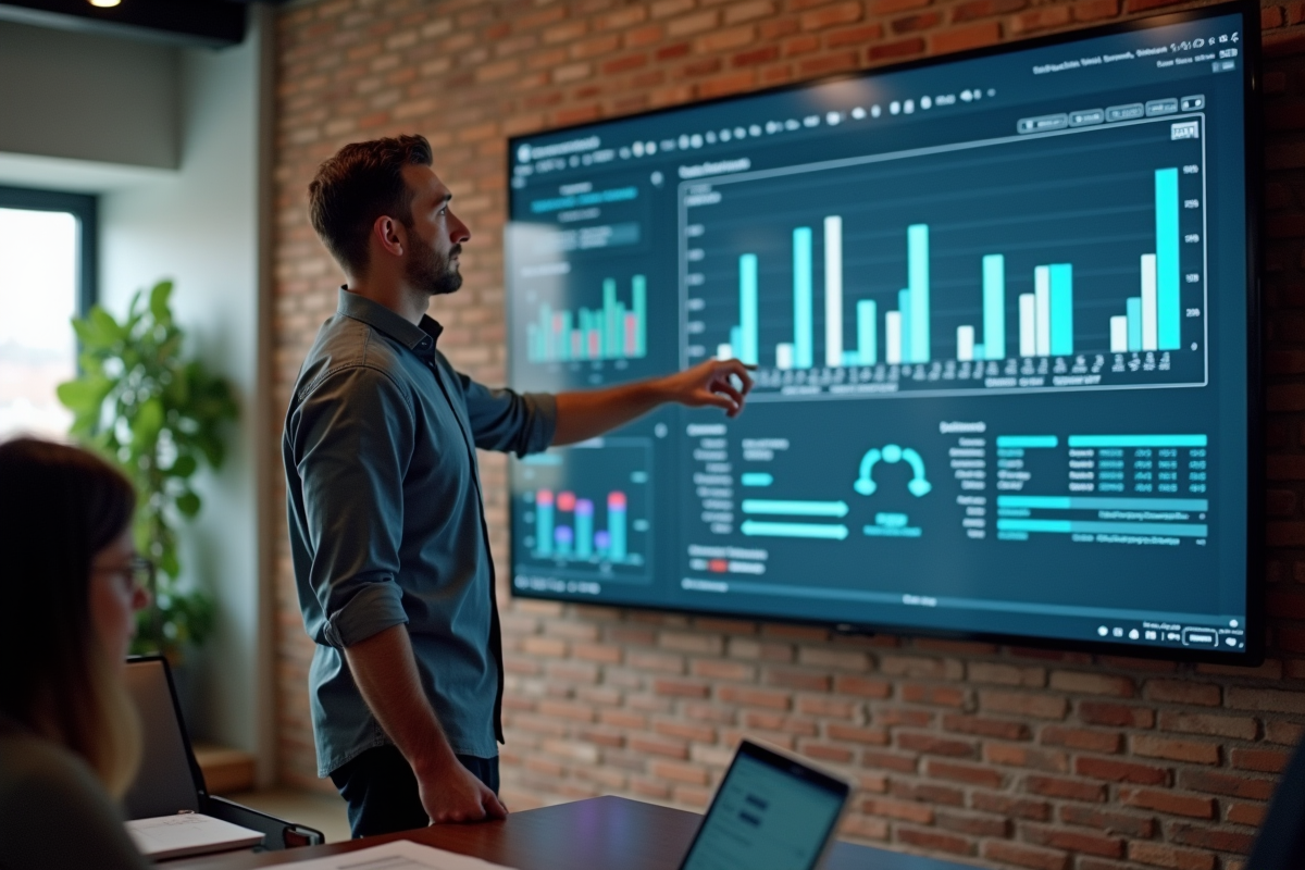 Homme en coworking interagissant avec un écran Excel