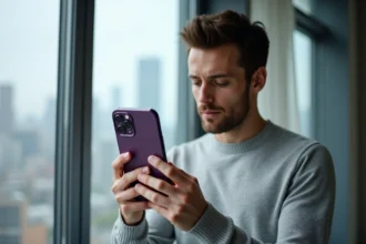Homme tenant un iPhone 14 Pro avec finition violet profond près de son visage dans un appartement moderne avec vue urbaine