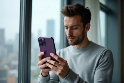 Homme tenant un iPhone 14 Pro avec finition violet profond près de son visage dans un appartement moderne avec vue urbaine