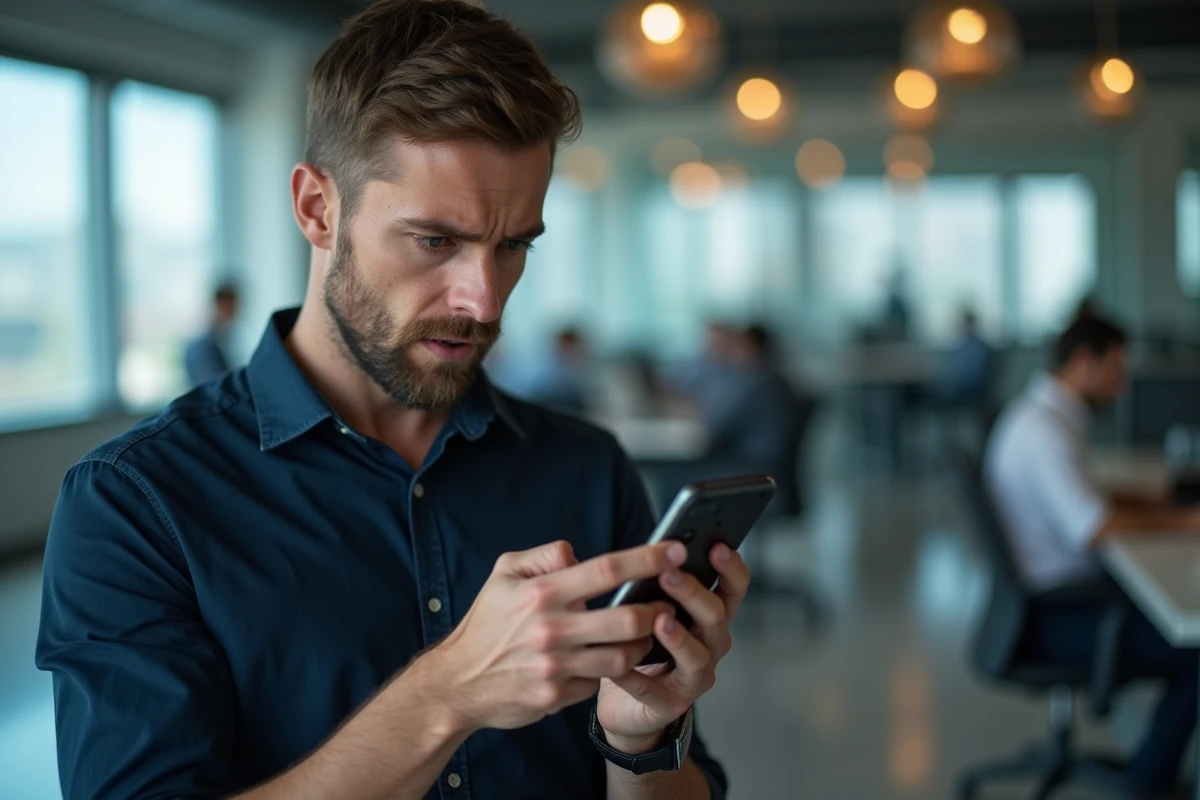 Homme consultant une notification d'erreur de connexion sur son smartphone dans un bureau professionnel