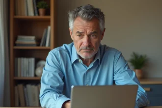 Homme d'âge moyen regardant un ordinateur portable avec erreur réseau