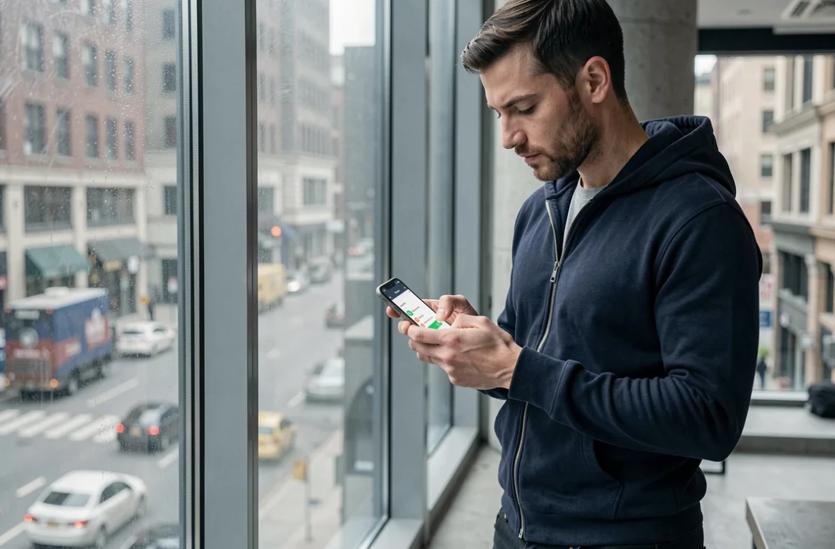 Homme debout près d'une fenêtre urbaine configurant les options de numéro masqué sur son téléphone mobile