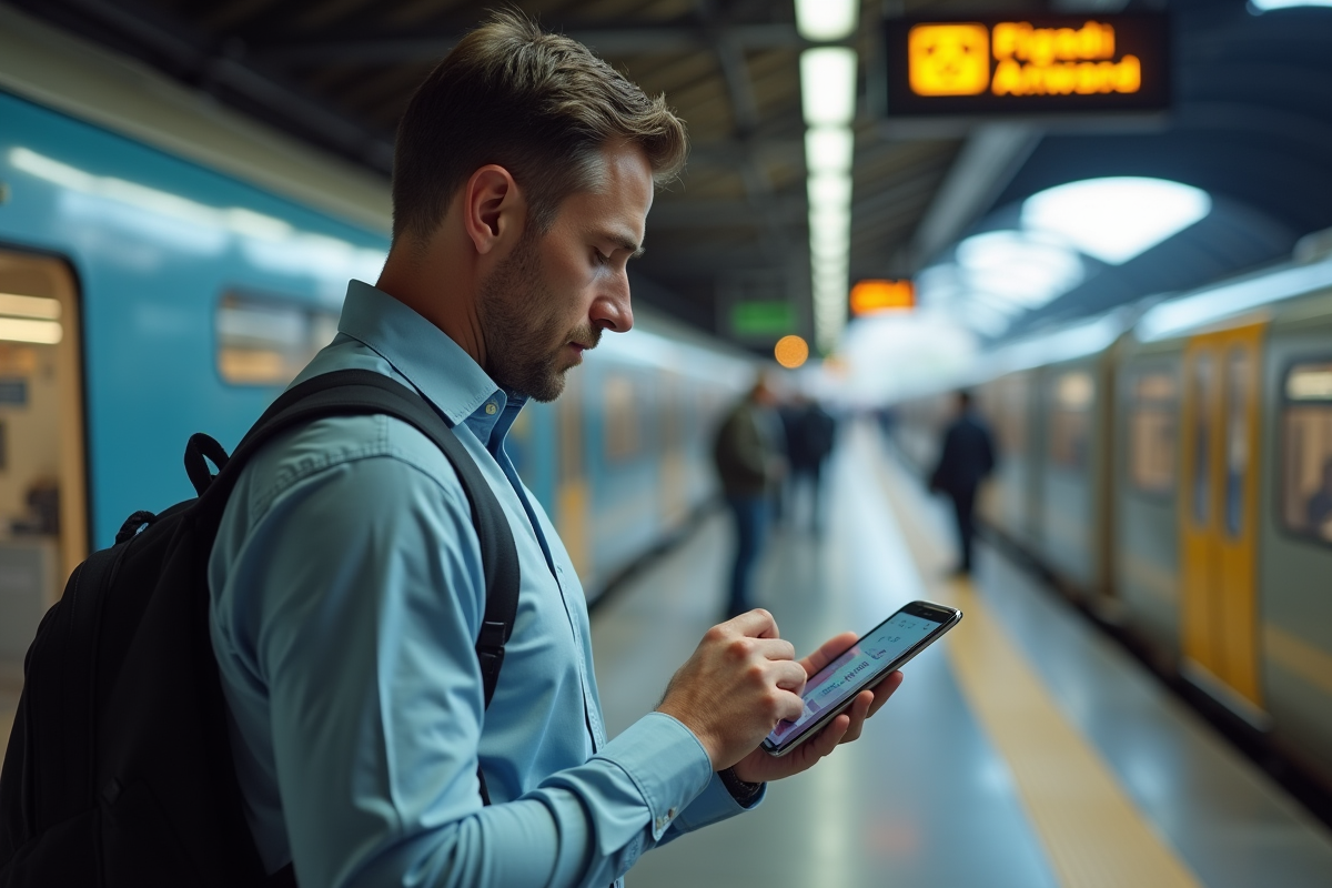 Homme utilisant sa tablette pour la sécurité numérique en déplacement