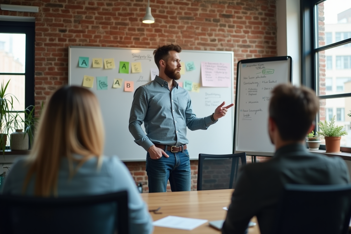 Homme présentant des idées à ses collègues près du tableau blanc