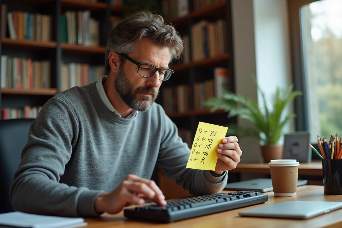 Homme consultant une note avec des raccourcis clavier pour symboles sur un PC à domicile
