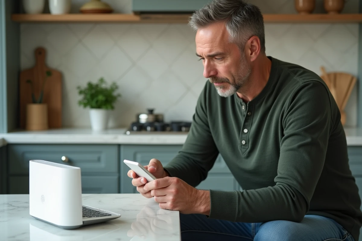 Homme ajustant le mot de passe du routeur wifi avec smartphone