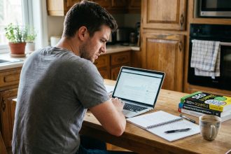 Homme concentré travaillant sur son ordinateur dans une cuisine
