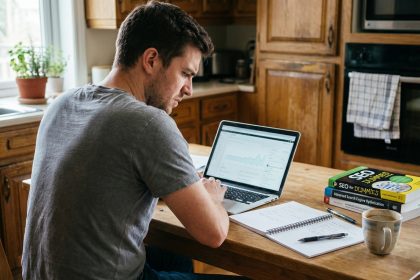 Homme concentré travaillant sur son ordinateur dans une cuisine