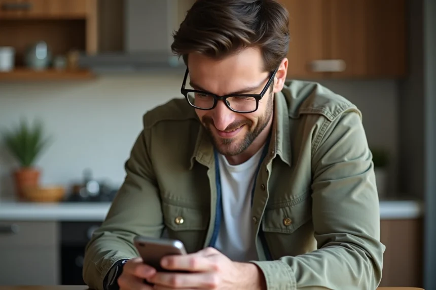 Homme concentré utilisant son smartphone dans la cuisine moderne