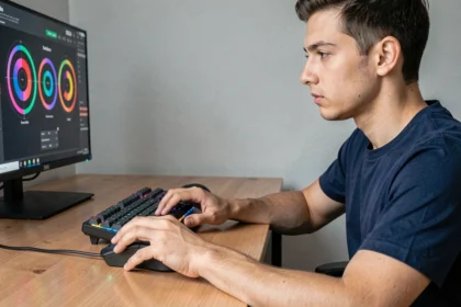 Jeune homme concentré utilisant une souris gaming pour améliorer ses techniques de clic au test PCS