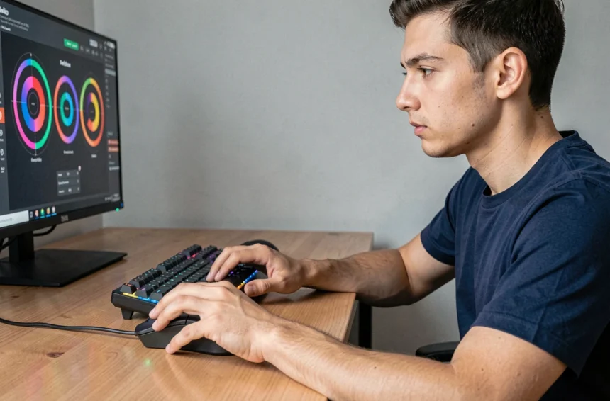 Jeune homme concentré utilisant une souris gaming pour améliorer ses techniques de clic au test PCS