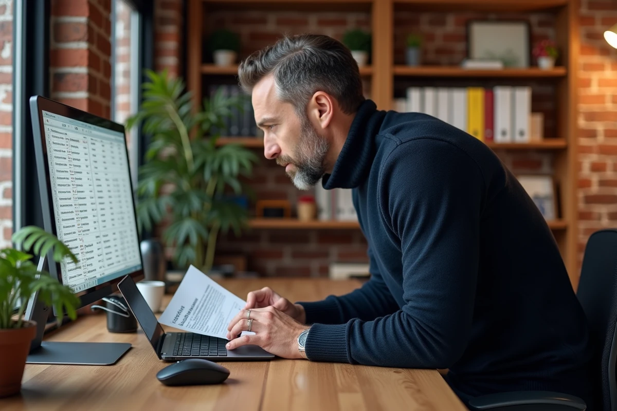 Homme en télétravail nettoyant une liste de contacts Excel pour préparer un publipostage sans doublons