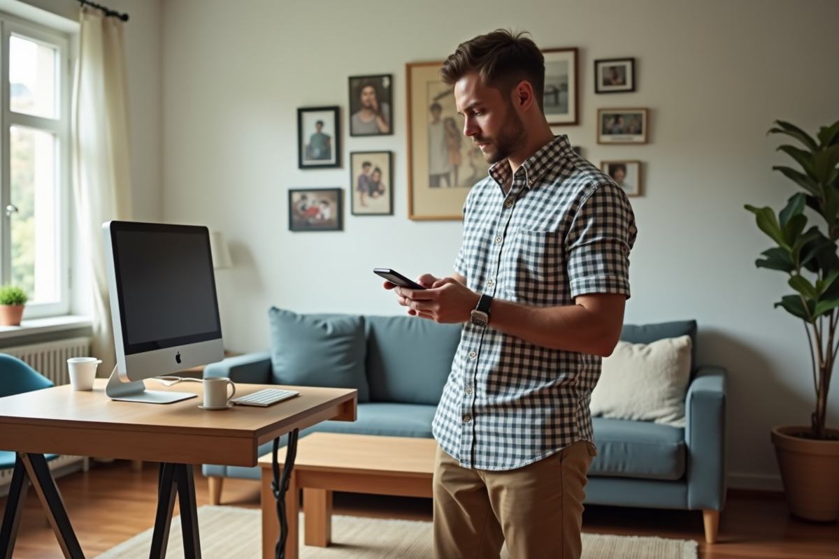 Homme transférant des fichiers depuis son smartphone dans un salon lumineux