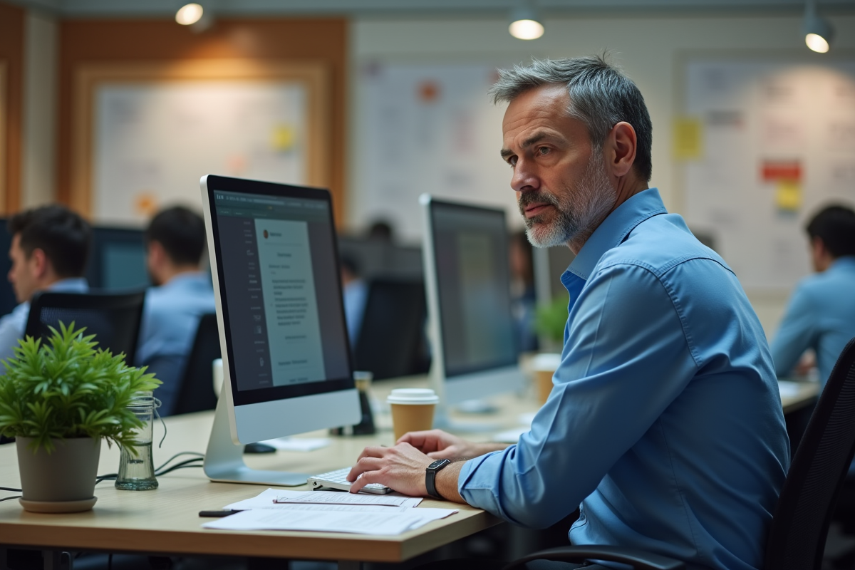 Homme vérifiant ses emails dans un espace de coworking