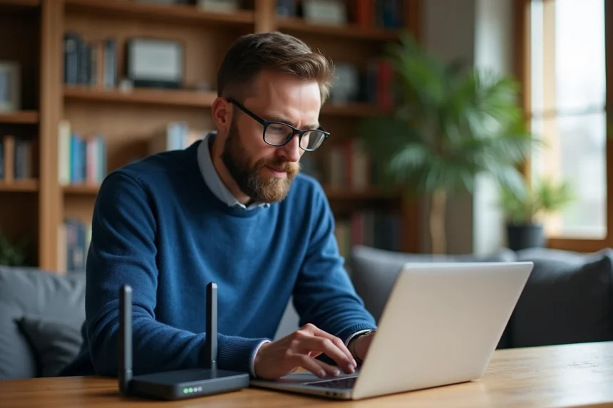 Homme en bleu utilisant un ordinateur et un routeur dans un salon