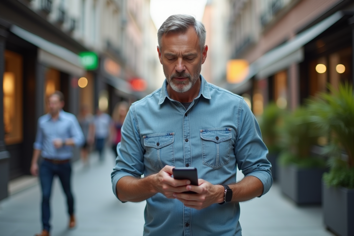 Homme utilisant la recherche vocale sur smartphone en ville