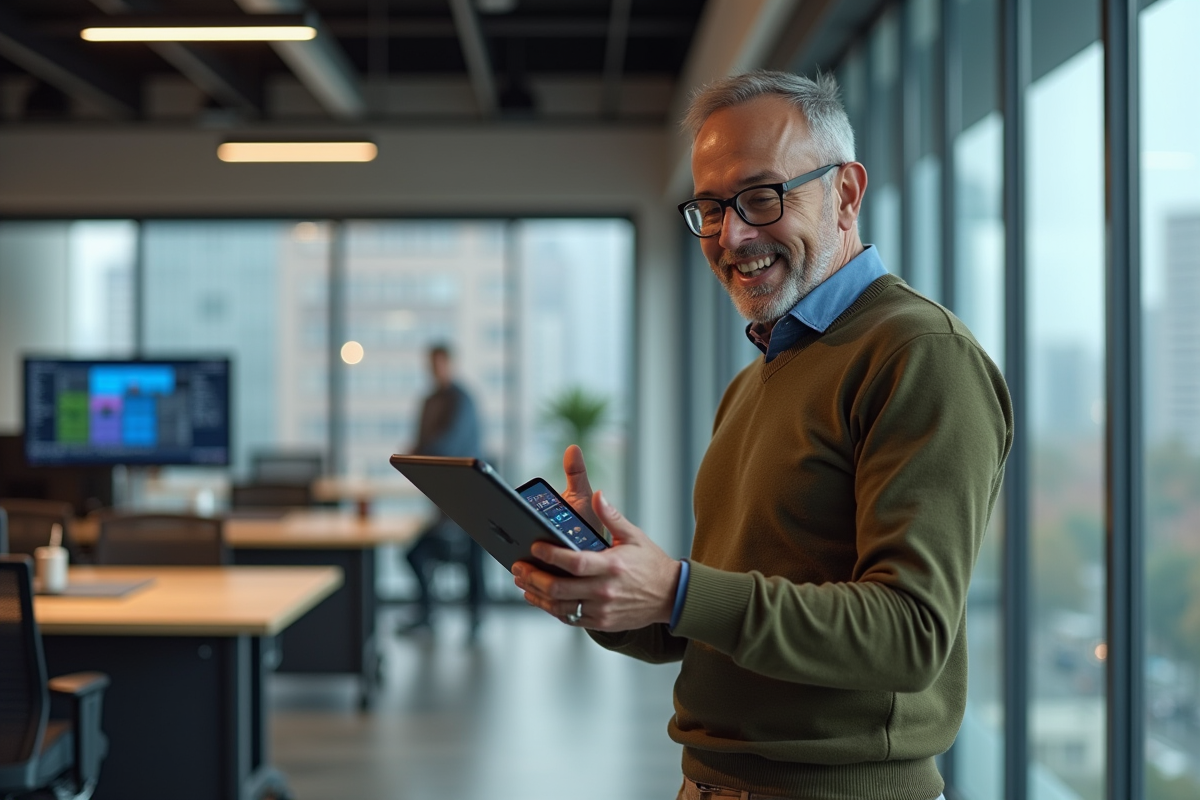 Homme web designer montrant des layouts responsives sur une tablette